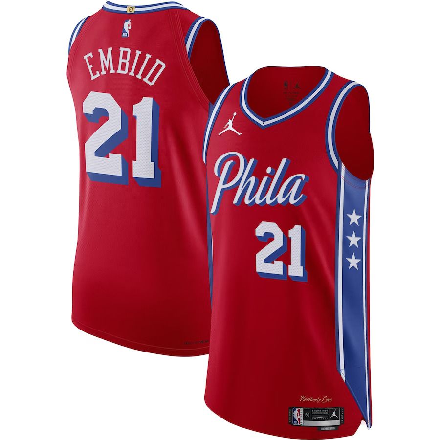 Men Philadelphia 76ers 21 Joel Embiid Jordan Brand Red 2022-23 Authentic NBA Jersey